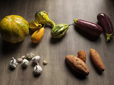 Fresh Organic Vegetables Including Pumpkin Squash Eggplant Garlic And Sweet Potatoes On Wooden Table 3d model
