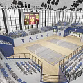 Modern Indoor Sports Fitness Arena With Multiple Courts Blue Seats Digital Scoreboard And Wooden Flooring