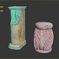 Two Decorative Stone Columns With Carved Leaf Motifs And Orange White Weathered Texture