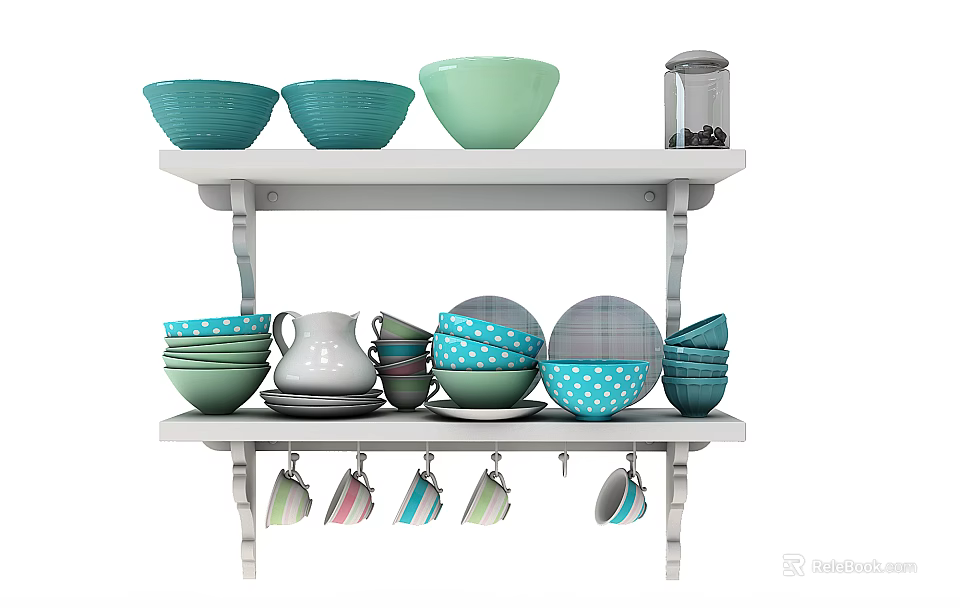 Colorful Kitchenware Display On White Shelf With Bowls Plates Mugs And Jar 3d model 