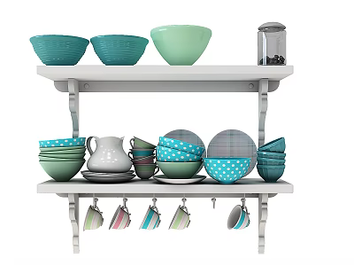 Colorful Kitchenware Display On White Shelf With Bowls Plates Mugs And Jar 3d model