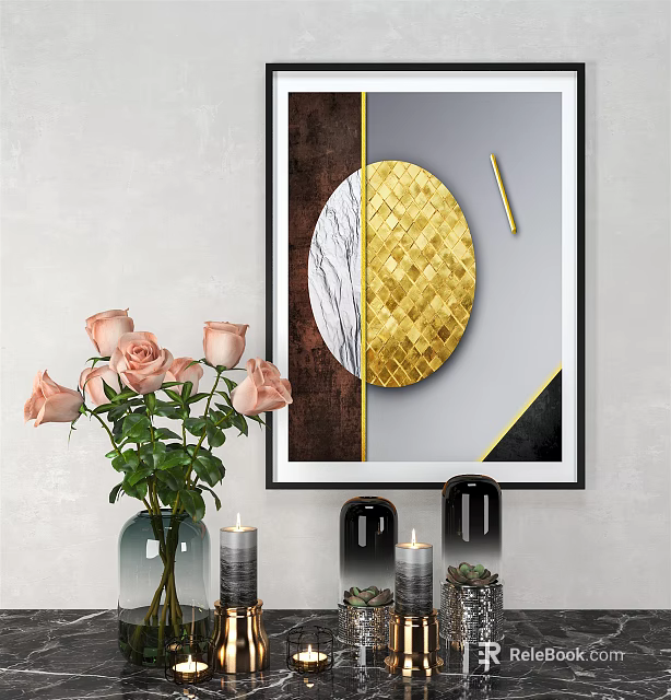 Modern Decorative Artwork Featuring Golden Circle Marble Texture With Pink Roses Vase And Candles 3d model 