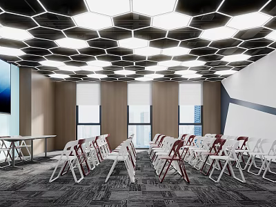 Modern Conference Room Interior With Hexagonal Ceiling Lighting Folding Chairs And Tables 3d model
