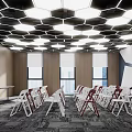 Modern Conference Room Interior With Hexagonal Ceiling Lighting Folding Chairs And Tables