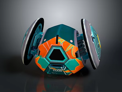 Futuristic Mechanical Device With Teal Orange Geometric Patterns And Sleek Side Panels 3d model