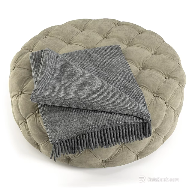 Round Tufted Ottoman in Beige Fabric with Gray Knitted Throw Blanket and Fringed Edges 3d model 