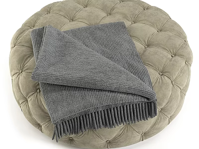 Round Tufted Ottoman in Beige Fabric with Gray Knitted Throw Blanket and Fringed Edges 3d model