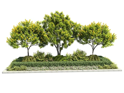 Three Arbor Trees in Landscaped Setting With Green Shrubs and Lush Lawn 3d model