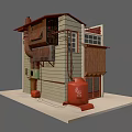Japanese Style Shop Model With Red Roof Red Vending Machines Blue Trashcan Japanese Sign
