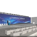Bright Banquet Hall With Blue Backdrop Screen Podium Audience Seats And Lighting Effects For Conference