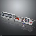 Automated Industrial Production Line With Control Panel Red Components And Conveyor Belt