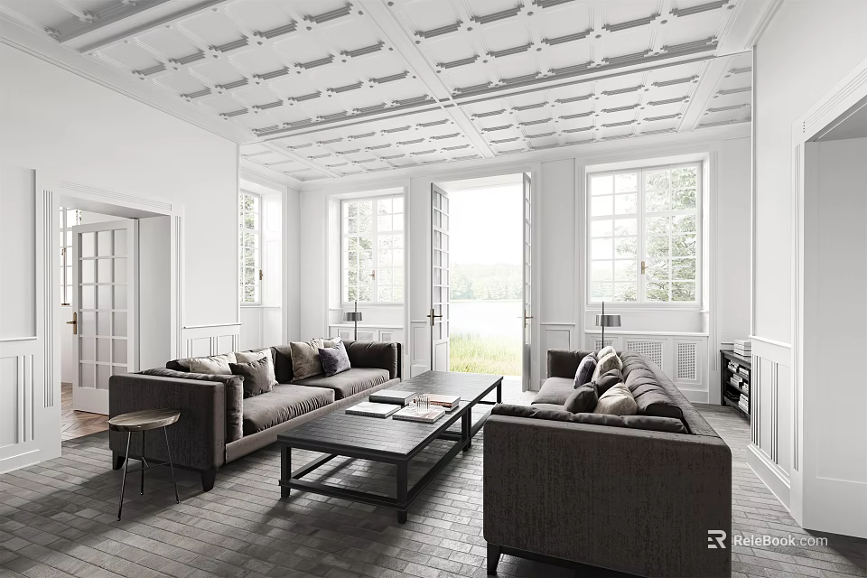 Modern Living Room Interior With Patterned Ceiling Large Windows Dark Sofas And Coffee Table 3d model 