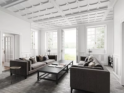 Modern Living Room Interior With Patterned Ceiling Large Windows Dark Sofas And Coffee Table 3d model