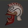 Ancient Warrior Helmet With Red Gold Spiral Patterns And Sun Emblem 3d model