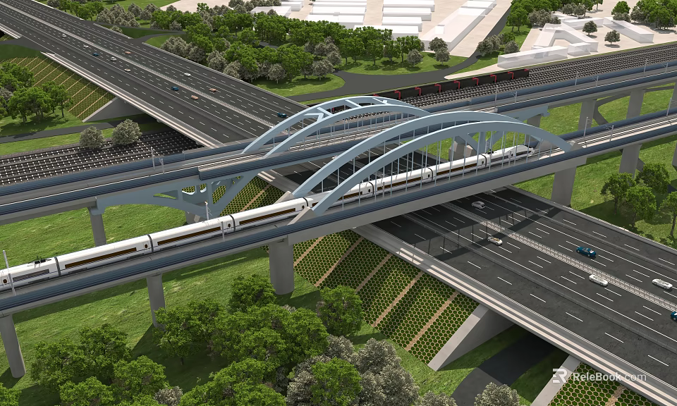 Multi Level Bridge With High Speed Train Passing Over Urban Roads And Green Belt 3d model 