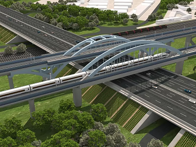 Multi Level Bridge With High Speed Train Passing Over Urban Roads And Green Belt 3d model
