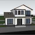Two Story Single Family House With White Exterior Black Roof Large Windows And Green Surroundings