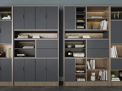 Modern Bookcase Storage With Gray Cabinet Doors Wooden Open Shelves For Books Decorations And Vase 3d model