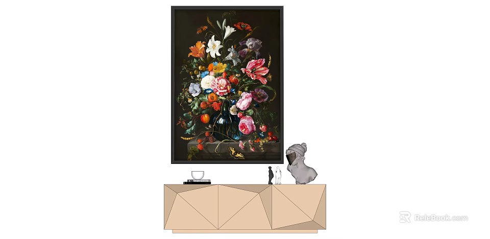 Vibrant Floral Painting Displayed Above Modern Geometric Cabinet With Ornaments 3d model 