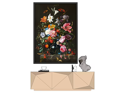 Vibrant Floral Painting Displayed Above Modern Geometric Cabinet With Ornaments 3d model