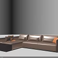 L Shaped Brown Leather Sectional Sofa With Orange Accent Pillows And Side Table 3d model