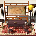 Chinese Style Tea Table with Screen Lantern and Wooden Stools on Patterned Rug 3d model