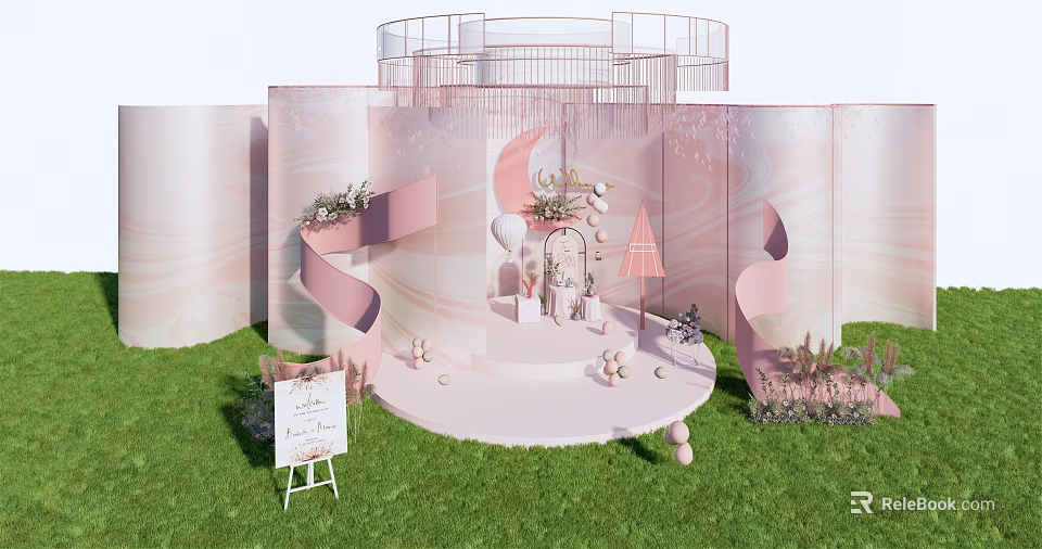 Inflatable Pink Moon Shaped Stage With Spiral Structures And Green Plants Balloons 3d model 