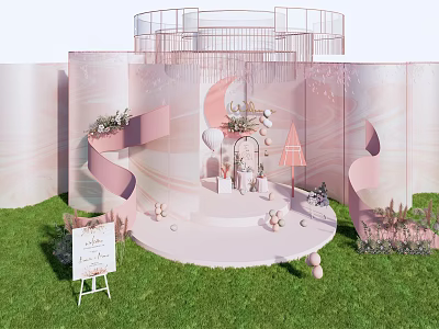 Inflatable Pink Moon Shaped Stage With Spiral Structures And Green Plants Balloons 3d model