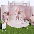 Inflatable Pink Moon Shaped Stage With Spiral Structures And Green Plants Balloons