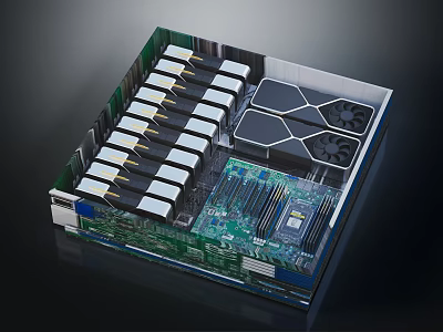 Server Module With Multiple Slots Green Circuit Board And Cooling Fans 3d model