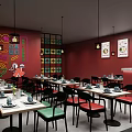 Traditional Chinese Rice Noodle Shop In Mall With Red Decor Dining Tables And Wall Art