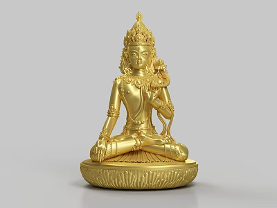 Golden Buddha Sculpture Carving In Sitting Posture With Intricate Headdress Holding Lotus And Carved Base 3d model