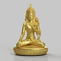 Golden Buddha Sculpture Carving In Sitting Posture With Intricate Headdress Holding Lotus And Carved Base