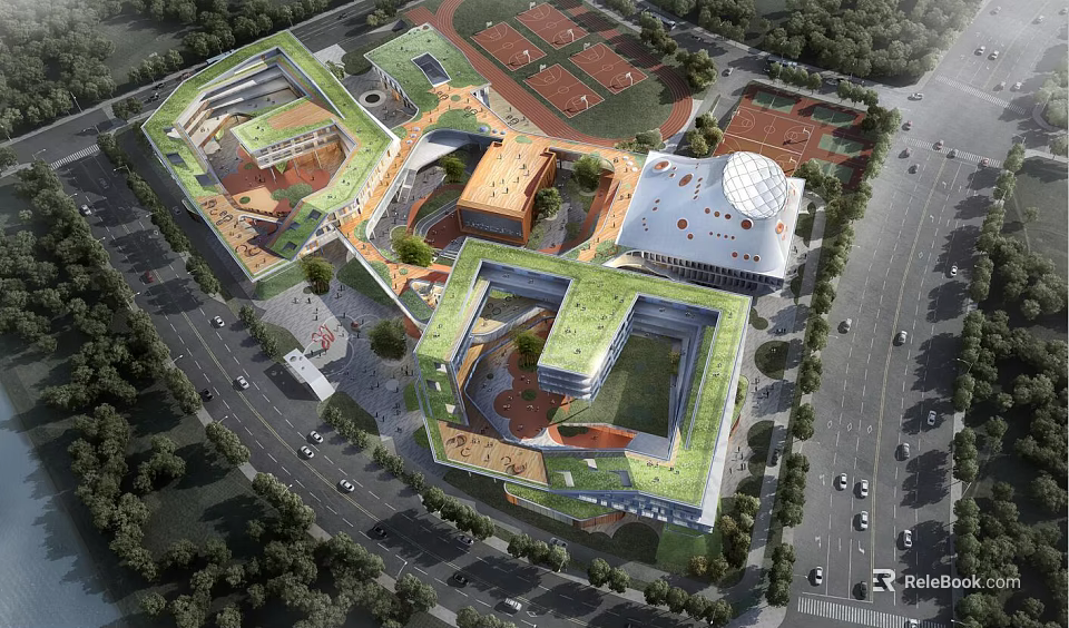 Modern School Campus Architecture With Green Roofs Sports Courts And Surrounding Trees 3d model 