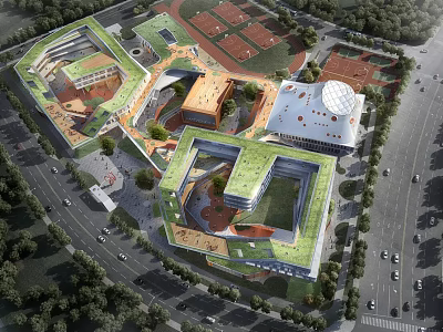 Modern School Campus Architecture With Green Roofs Sports Courts And Surrounding Trees 3d model
