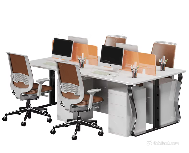 Modern Office Desk Chair Set With White Table Orange Chairs And Computer Monitors 3d model 