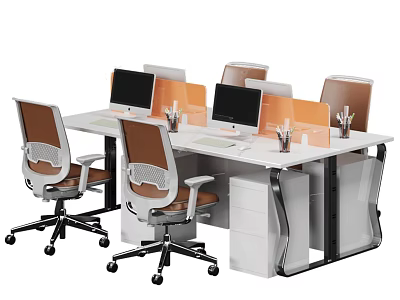 Modern Office Desk Chair Set With White Table Orange Chairs And Computer Monitors 3d model