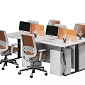 Modern Office Desk Chair Set With White Table Orange Chairs And Computer Monitors