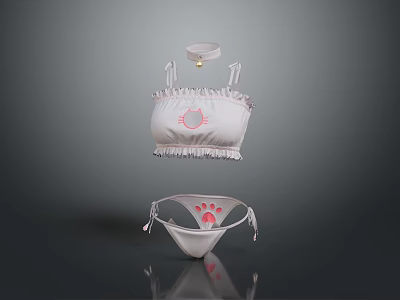 Woman Wearing White Bikini With Pink Cat Paw Pattern And Ruffle Details 3d model