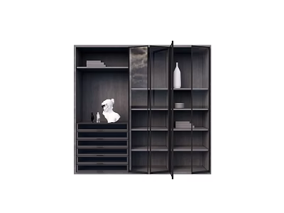 Stylish Modern Dark Finish Storage Cabinet With Open Shelves And Drawers 3d model