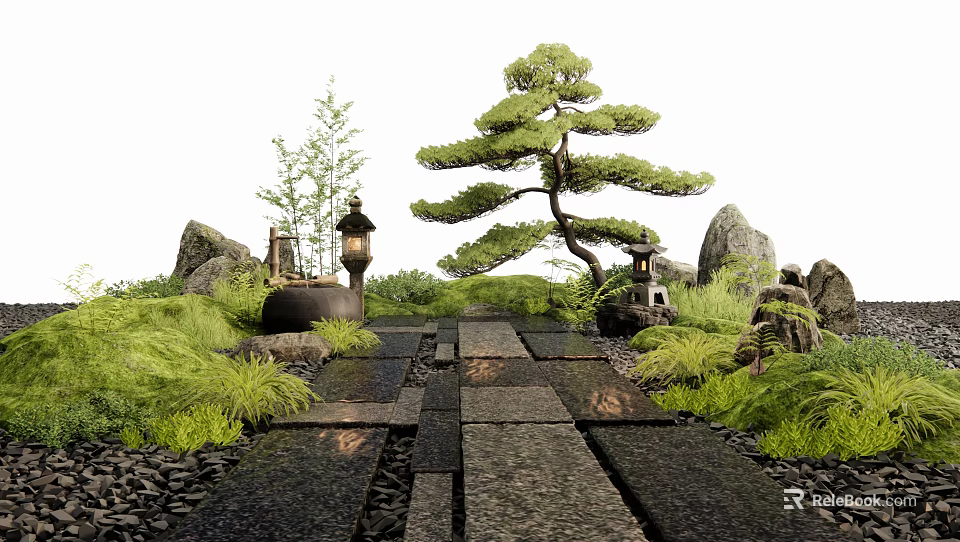 Stepping Stones Path In Natural Garden With Pine Tree Green Plants And Stone Lanterns 3d model 