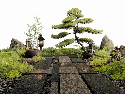 Stepping Stones Path In Natural Garden With Pine Tree Green Plants And Stone Lanterns 3d model