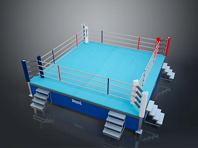 Standard Boxing Ring Structure With Blue Mat Surface Roped Barriers And Side Steps 3d model