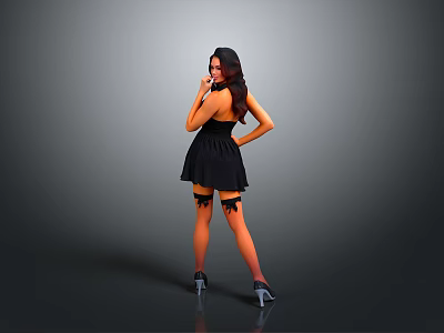 Woman in Black Dress with Black Stockings and High Heels Posing Against Gray Background 3d model