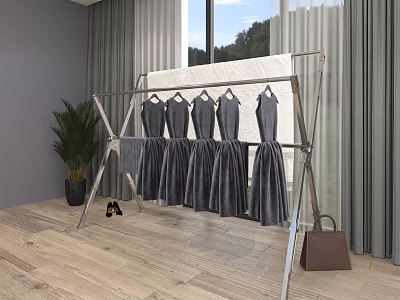 Standing Metal Clothing Rack With Gray Dresses Green Plant Shoes And Handbag 3d model