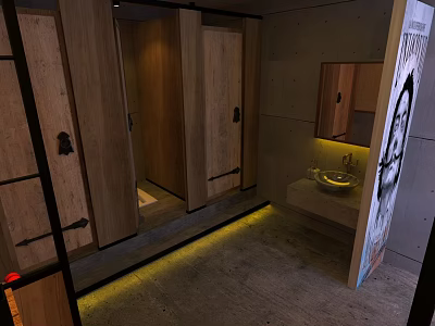 Public Toilet Interior With Wooden Cubicle Doors Gray Walls Sink Mirror And Yellow Strip Lighting 3d model