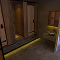 Public Toilet Interior With Wooden Cubicle Doors Gray Walls Sink Mirror And Yellow Strip Lighting