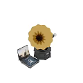 Vintage Golden Gramophone Speaker with Vinyl Record and Music Cover Featuring Person