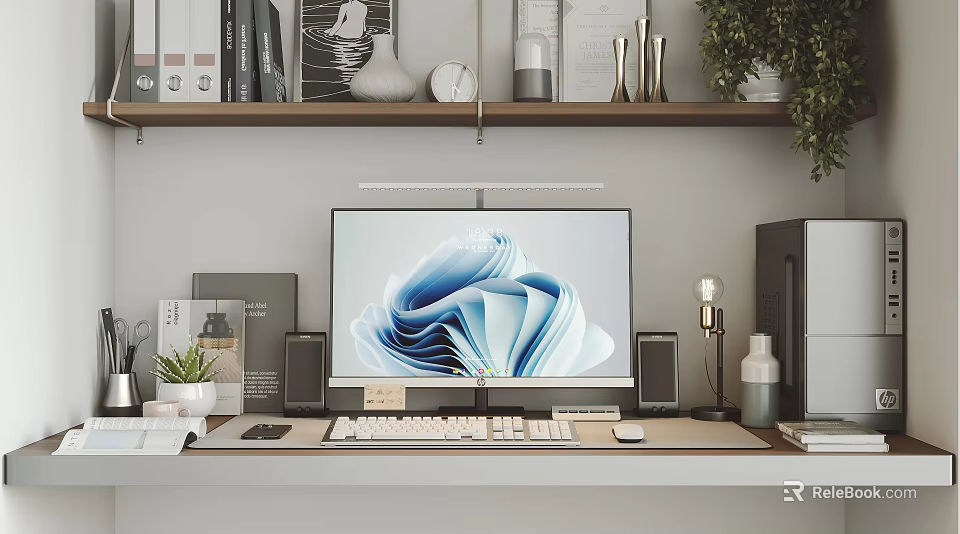 Modern Computer Workstation Setup With Monitor Keyboard Mouse Speakers And Desk Decorations 3d model 
