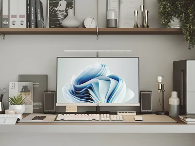 Modern Computer Workstation Setup With Monitor Keyboard Mouse Speakers And Desk Decorations 3d model